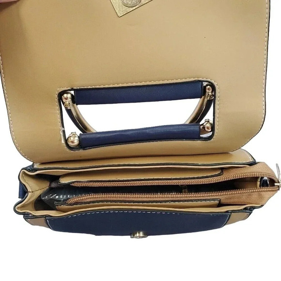 Blue and Tan Two-Tone Cross Body Purse With Golden Accents, Adjustable Strap - Picture 6 of 7